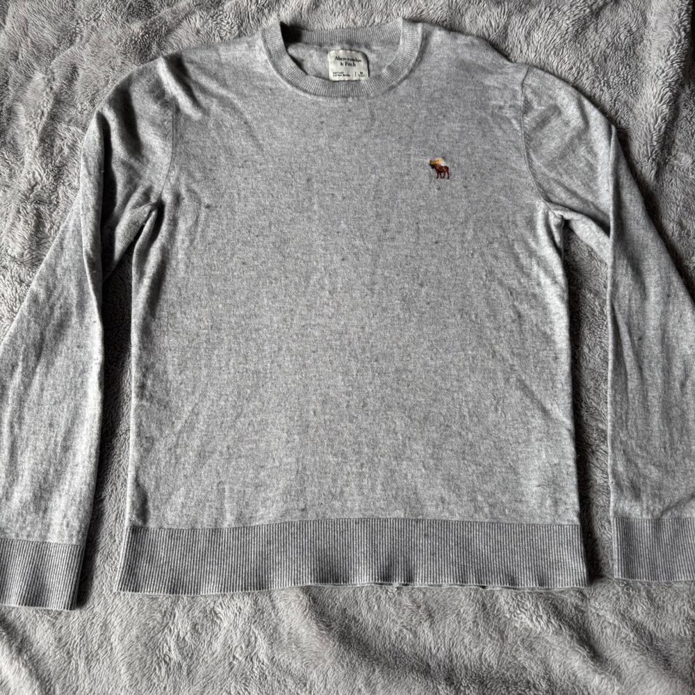 Abercrombie & Fitch Grey Cotton Merino Wool Crewneck Moose Logo Sweater  M‎